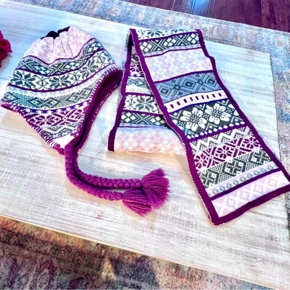 🥳 5/$25 OSFM Knit Fair Isle Hat and Scarf Set Pink Burgundy Women’s OS